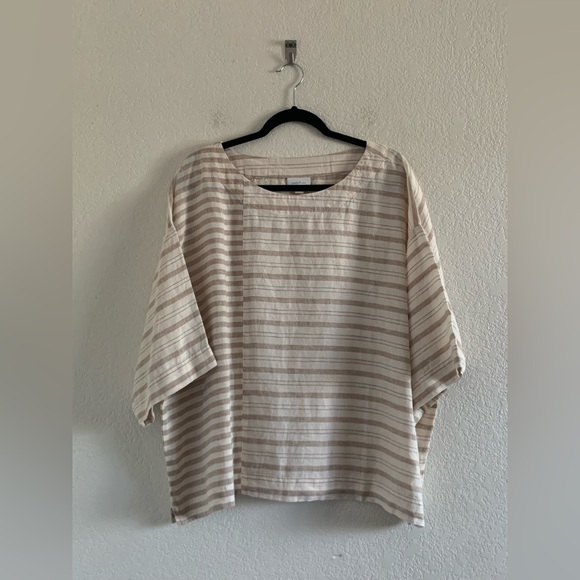 Pure J.Jill Linen Kimono Boxy Top Women’s Size L White Neutral Striped - Picture 1 of 9